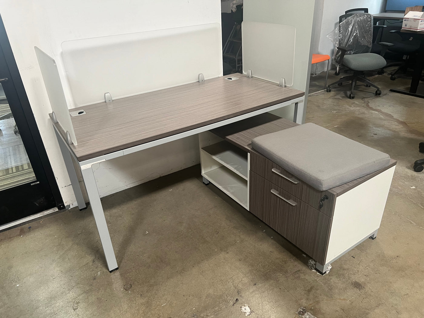 L SHAPED DESK WITH LOW CREDENZA BOSS DRIFTWOOD