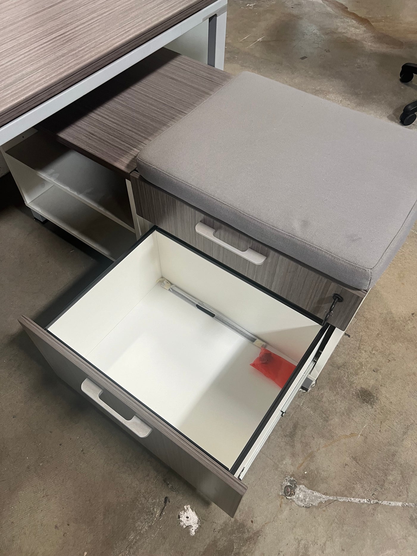 L SHAPED DESK WITH LOW CREDENZA BOSS DRIFTWOOD