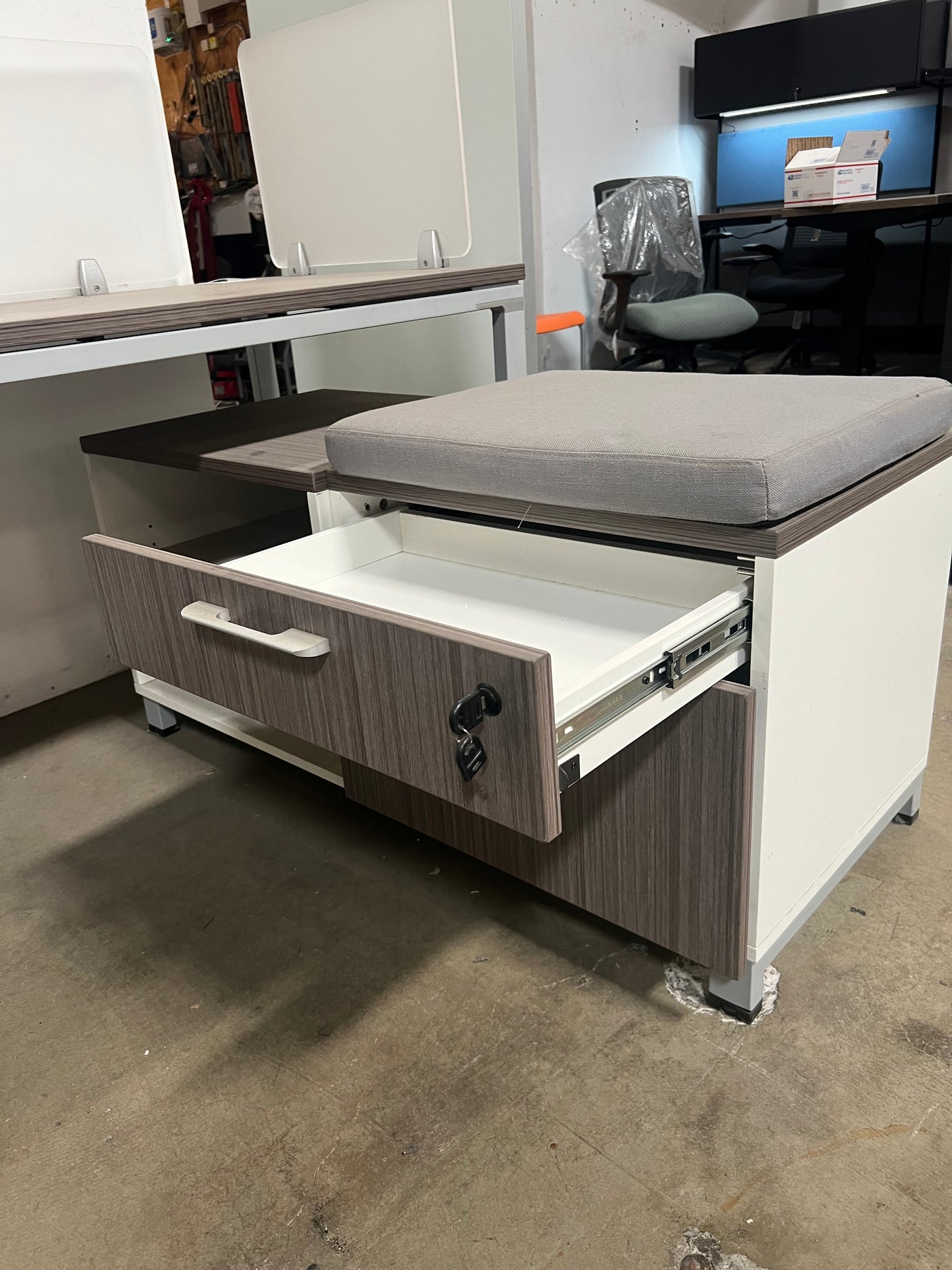 L SHAPED DESK WITH LOW CREDENZA BOSS DRIFTWOOD